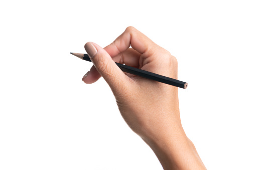 Woman hand holding pencil, writing, drawing, pointing isolated on white background