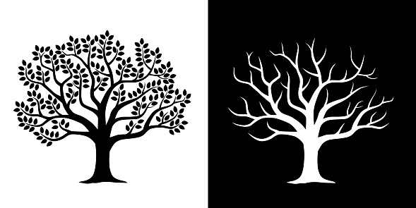 Leafy tree and scattered tree illustration set