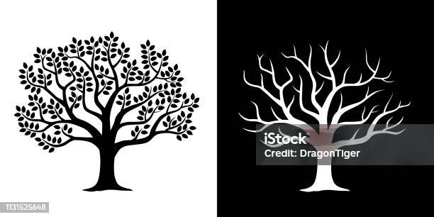 Leafy Tree And Scattered Tree Illustration Set Stock Illustration - Download Image Now - Tree, In Silhouette, Branch - Plant Part