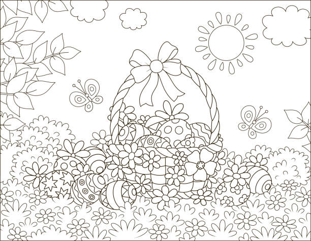 ilustrações, clipart, desenhos animados e ícones de cesta ornamentado de easter de ovos pintados - easter egg paint black and white drawing