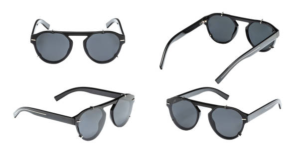 istock Set modern black sunglasses in round frame isolated on white background. Collection summer glasses with polarization 1131528412
