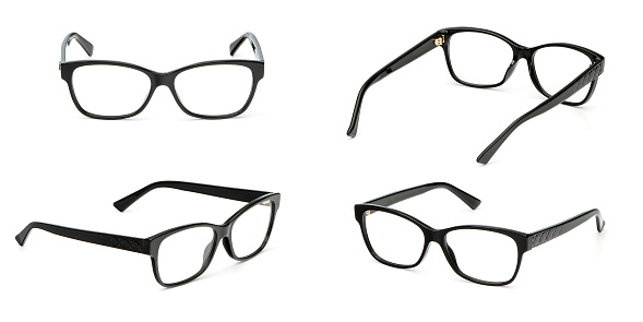 Establecer gafas negras estilo de negocio transparente en marco rectangular aislado sobre fondo blanco. Colección de la oficina de moda gafas de ojos photo