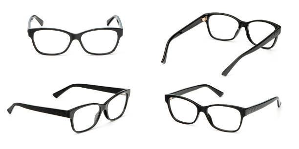 ajuste o estilo do negócio dos vidros pretos transparente no frame retangular isolado no fundo branco. coleção de moda de escritório óculos de olho - óculos de leitura - fotografias e filmes do acervo