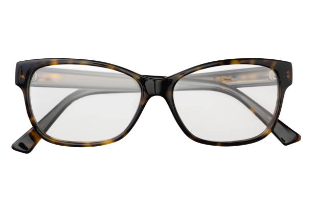 istock Black and yellow glasses in rectangular frame transparent for reading or good eye sight, front view isolated on white background 1131529084