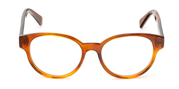 istock Yellow glasses in round frame transparent for reading or good eye sight, front view isolated on white background 1131529128