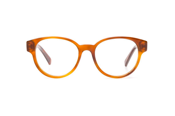 Yellow eyeglasses in round frame transparent for reading or good vision, front view isolated on white background