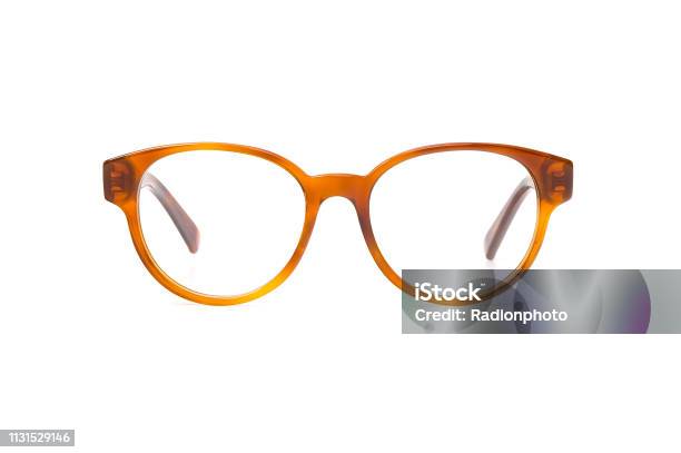 Yellow Eyeglasses In Round Frame Transparent For Reading Or Good Vision Front View Isolated On White Background Stock Photo - Download Image Now