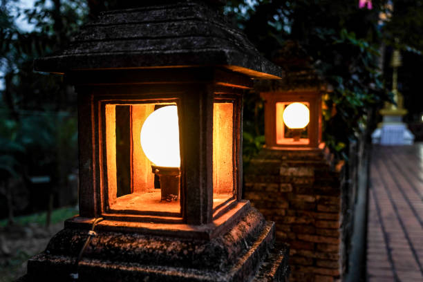 istock the integrated LED and ancient vintage cement lamp on brick wall. 1131529291