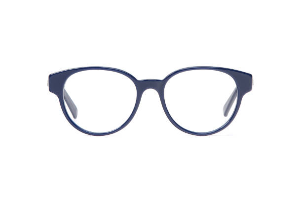 Blue eyeglasses in round frame transparent for reading or good vision, top view isolated on white background
