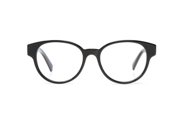 istock Black eye glasses in round frame transparent for reading or good vision, front view isolated on white background. Glasses mockup 1131529458