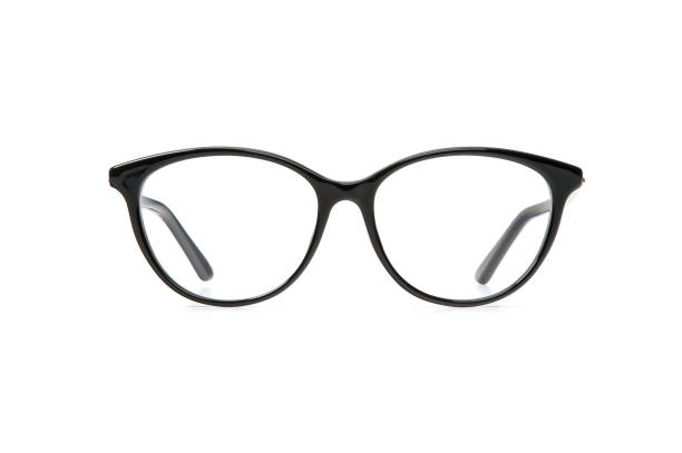 istock Black glasses in round frame transparent for reading or good eye sight, front view isolated on white background. Glasses mockup 1131529465