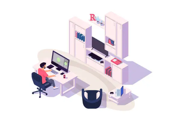 Vector illustration of Isometric 3d cozy workplace with businessman at work with computer, tv and device.