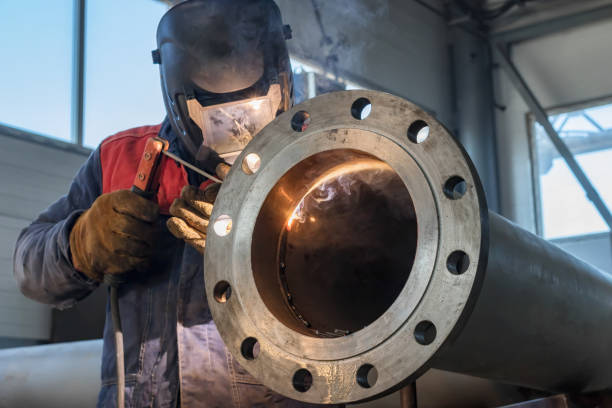 Flat welding flange to the pipe steel Welding works on production of the pipeline unit-welding of the pipe and thick-walled flange flange stock pictures, royalty-free photos & images