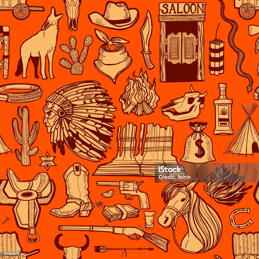 Dark Wild West Pattern in Hand-Drawn Style Dark Wild West Pattern. Seamless Background in Hand Drawn Style for Surface Design Fliers Banners Prints Posters Cards. Vector Illustration Backgrounds stock vector