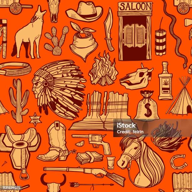 Dark Wild West Pattern In Handdrawn Style Stock Illustration - Download Image Now - Backgrounds, Wild West, Cowboy