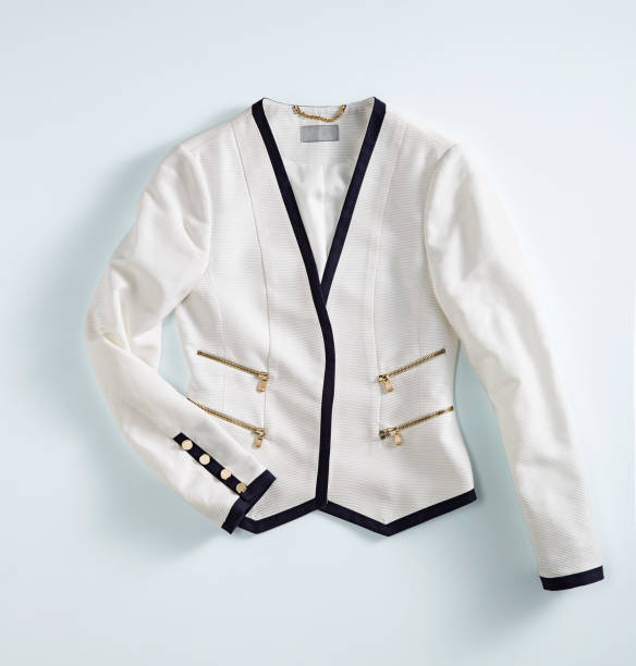 istock Fashionable white blazer isolated on light blue background 1131535399