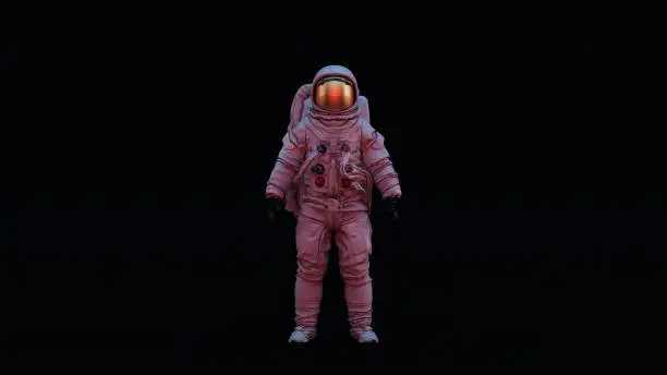 Astronaut with Gold Visor and White Spacesuit with Pink and Blue Moody 80s Sci-Fi lighting Front 3d illustration 3d render