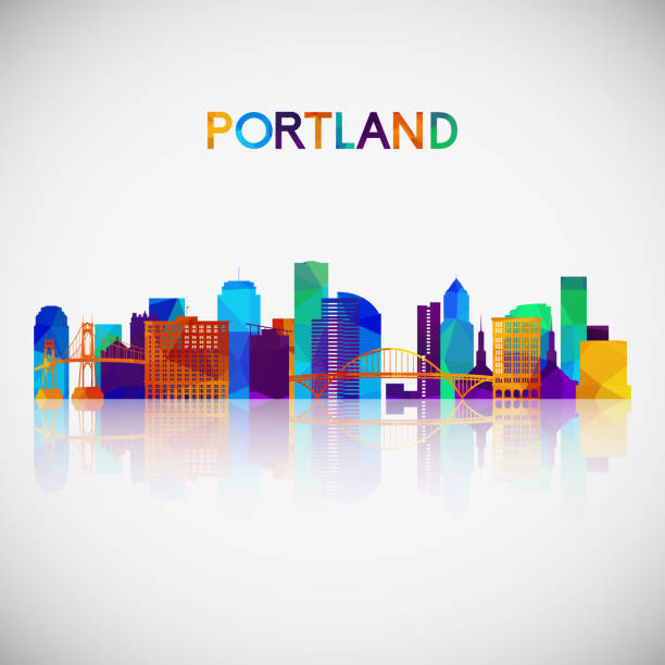 illustrazioni stock, clip art, cartoni animati e icone di tendenza di skyline di portland silhouette in stile geometrico colorato. simbolo per il tuo design. illustrazione vettoriale. - portland oregon skyline cityscape silhouette