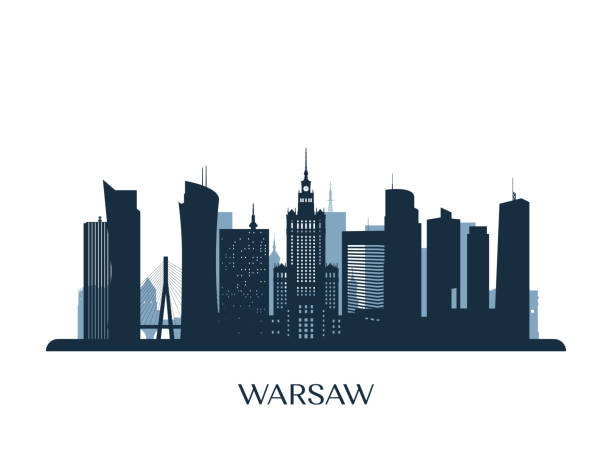 warszawska panorama, monochromatyczna sylwetka. ilustracja wektorowa. - warszawa stock illustrations