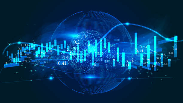 istock Digital earth and K lines build the vector background of financial curve   chart 1131537941