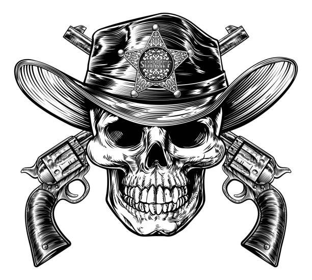 ilustrações de stock, clip art, desenhos animados e ícones de skull sheriff and pistol hand guns - police badge badge police white background