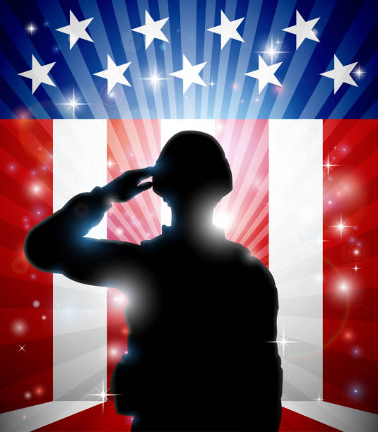 ilustrações de stock, clip art, desenhos animados e ícones de soldier saluting american flag background - navy officer armed forces saluting