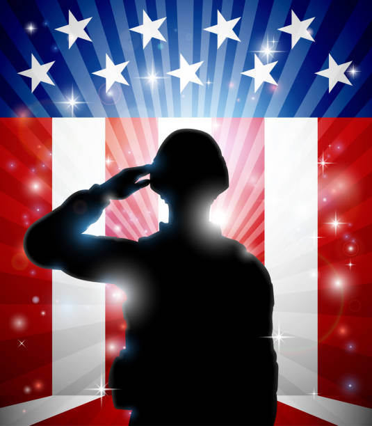 Soldier Saluting American Flag Background A patriotic soldier standing saluting in front of an American flag background ems logo stock illustrations