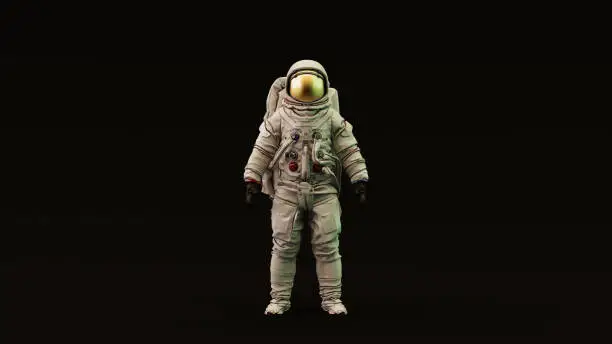 Astronaut with Gold Visor and White Spacesuit with Light Yellow and Green Moody 80s lighting Front 3d illustration 3d render