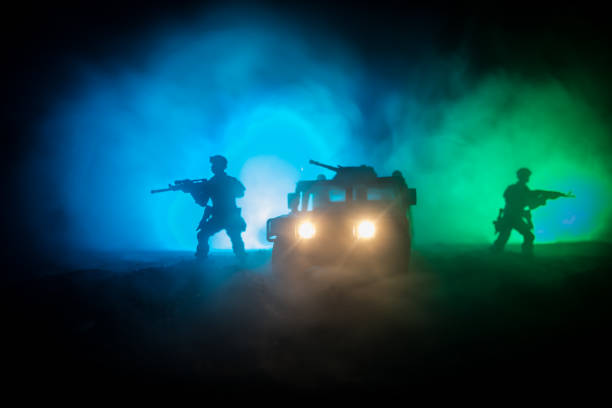 war concept. military silhouettes fighting scene on war fog sky background, fighting silhouettes below cloudy skyline at night. battle scene. army vehicle with soldiers. army - car individuality military 4x4 imagens e fotografias de stock
