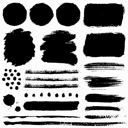 Paint brush strokes and grunge stains isolated on white background. Black vector design elements for paintbrush texture, frame, background, banner or text box. Freehand drawing collection.