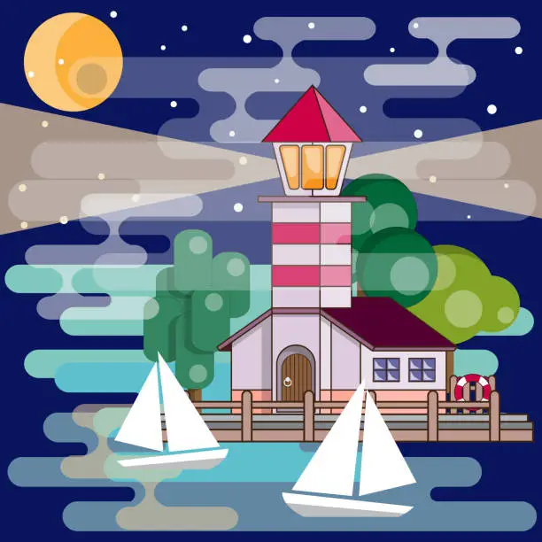 Vector illustration of Lighthouse at night.