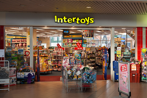 Noordwijk, the Netherlands. February 19, 2019. Entrance to an Intertoys toy store, a Dutch chain of toy stores. Filed for bankruptcy