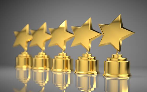 five golden rating star in white background. - five star hotel imagens e fotografias de stock