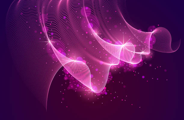 istock Wave of flowing magic particles over dark relaxing illustration, transparent tulle textile on wind. Round dots vector abstract background. Beautiful wave shaped array of blended points. 1131543424
