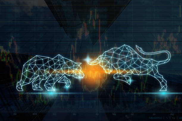 polygonal bull and bear shape writing by lines and dots over the Stock market chart with information over the Modern business building glass of skyscrapers, trading and finance investment concept el toro poligonal y la forma del oso escriben por las líneas y los puntos sobre la carta del mercado de valores con la información sobre el vidrio moderno del edificio del negocio de rascacielos, comercio y concepto de la inversión de las finanzas