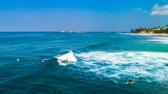 Aerial. Surfers. Hikkaduwa, Sri Lanka.