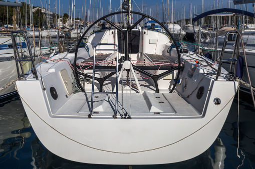 helm station on sailing boat in the dock