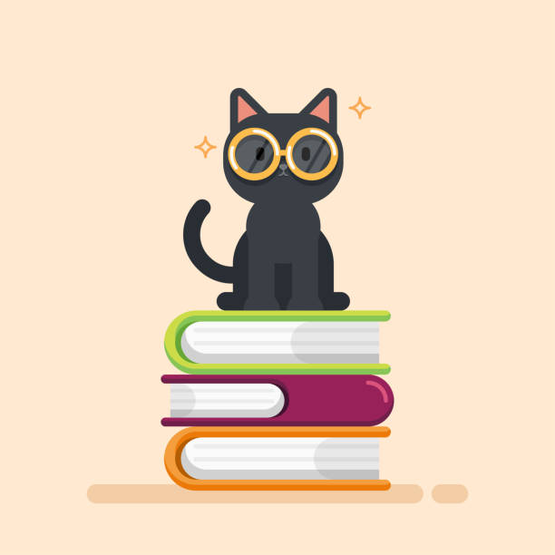 ilustraciones, imágenes clip art, dibujos animados e iconos de stock de lindo gato sentado en una pila de libros, concepto de educación, ilustración vectorial. - intend