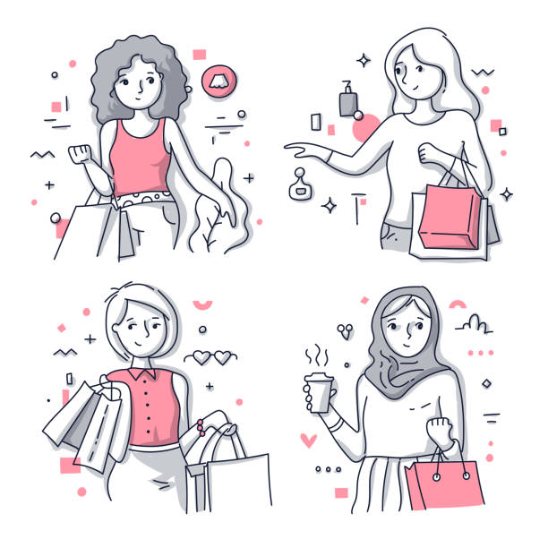 Happy Shopping Women Illustrations Various happy women with shopping bags. Various poses, dress style and ethnicity. Doodle vector hand drawn illustration in line style for website and printing materials burka stock illustrations