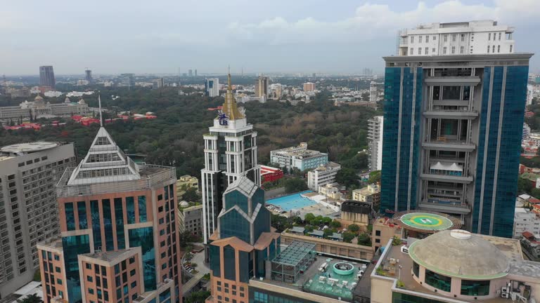 sunset time bangalore cityscape downtown aerial panorama 4k india