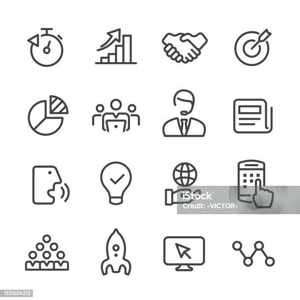 Business And Media Icons Set Line Series Stock Illustration - Download Image Now - Adult, Analyzing, Announcement Message