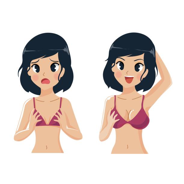 small chest & big breasts. Young girl small chest compare with big breasts girl. silicone implants stock illustrations