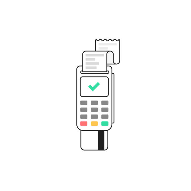 POS terminal. Terminal for bank card. Vector illustration in flat line style POS terminal. Terminal for bank card. Vector illustration in flat line style atm illustrations stock illustrations