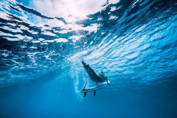istock Attractive surfer woman dive underwater with under wave in blue ocean. 1131567109