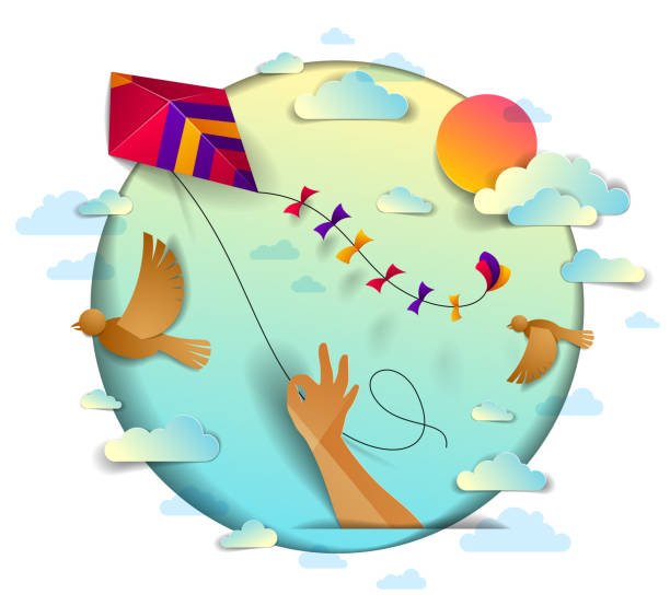 istock Hand holding kite over cloudy sky birds flying and sun, freedom and easiness emotional concept, vector modern style paper cut 3d illustration. 1131567342