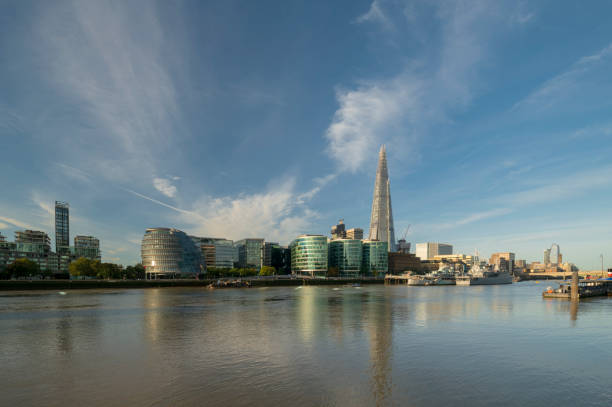 View of skyscraper and Thames river with blue sky in London, UK