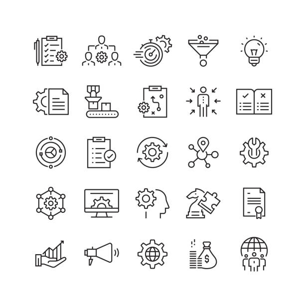 produktmanagement verwandte vector-line-icons - zukunft stock-grafiken, -clipart, -cartoons und -symbole