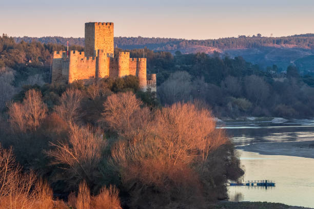 castello di almourol al tramonto, in portogallo. - almourol foto e immagini stock