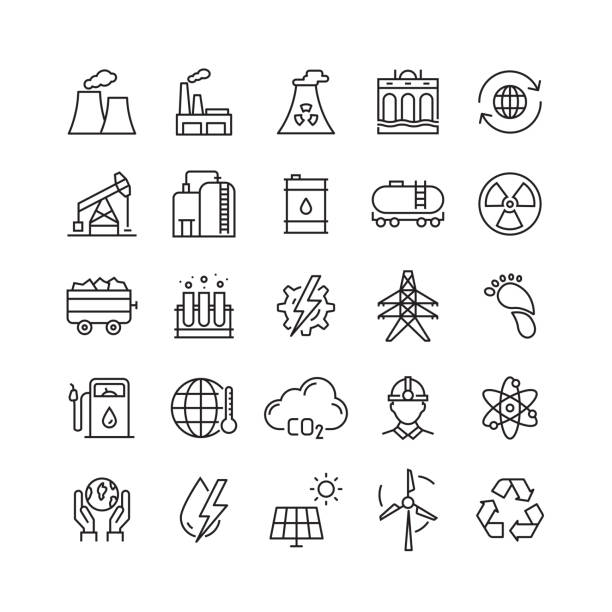 ilustraciones, imágenes clip art, dibujos animados e iconos de stock de iconos de línea vectorial relacionados con la industria pesada y eléctrica - central eléctrica