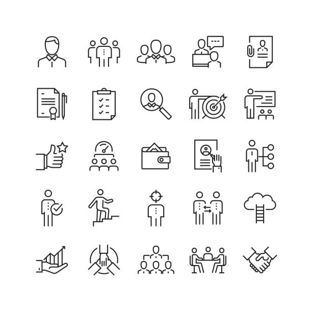 personelle ressourcen und rekrutierung verwandter vector line icons - efficiency skill expertise performance stock-grafiken, -clipart, -cartoons und -symbole